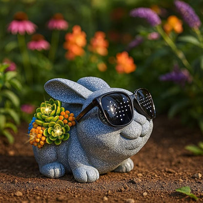 Rabbit Figurine with Solar-Powered Glasses Succulent Bunny Decor Garden Statue for Patio Yard Balcony Housewarming Gifts for Mom Women Grandma