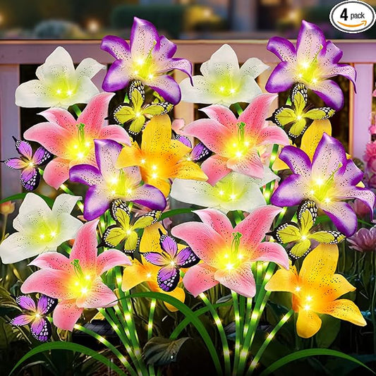 Solar Garden Lights 4 Pack 16 Lily Flowers with Butterfly Decor, for Mom Woman Birthday Solar Flower Lights for Outside - Decorative Lilies for Yard, Patio, Pathway