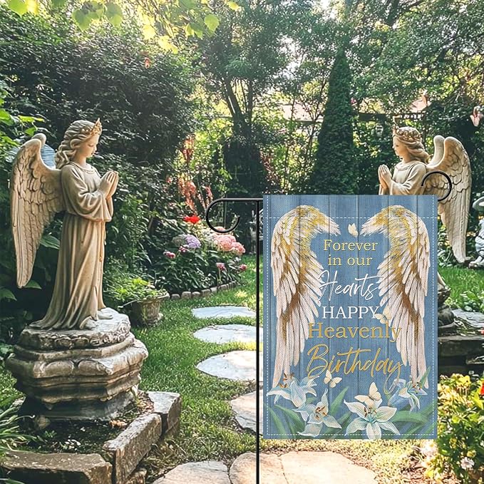 Artofy Memorial Forever in Our Hearts Wings Small Decorative Garden Flag, Happy Heavenly Birthday Lily Cemetery Yard Lawn Outside Decor, Farmhouse Burlap Outdoor Home Decoration Double Sided 12 x 18