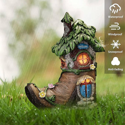 TERESA'S COLLECTIONS Boot Fairy House Garden Statues with Solar Outdoor Light for Garden Decor, Resin Fairy Garden Accessories Outdoor, Home Decorations Lawn Ornaments Yard Decor Gifts for Mom, 6"