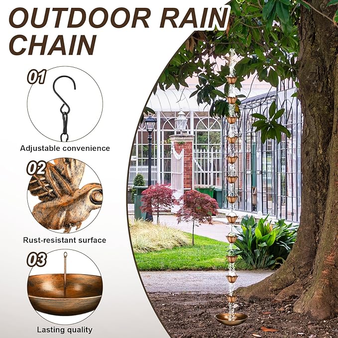 MorningRo Brass 8.5ft Rain Chains for Gutters Outside with Anchor Basin 12 Cups Rain Chain Catcher Downspout Replacement Adjustable Metal Garden Rainwater Divert for Eaves Drainage (Bird)
