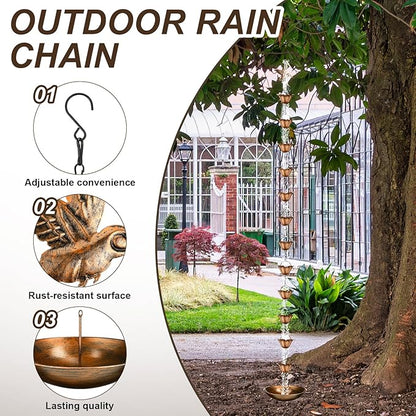 MorningRo Brass 8.5ft Rain Chains for Gutters Outside with Anchor Basin 12 Cups Rain Chain Catcher Downspout Replacement Adjustable Metal Garden Rainwater Divert for Eaves Drainage (Bird)