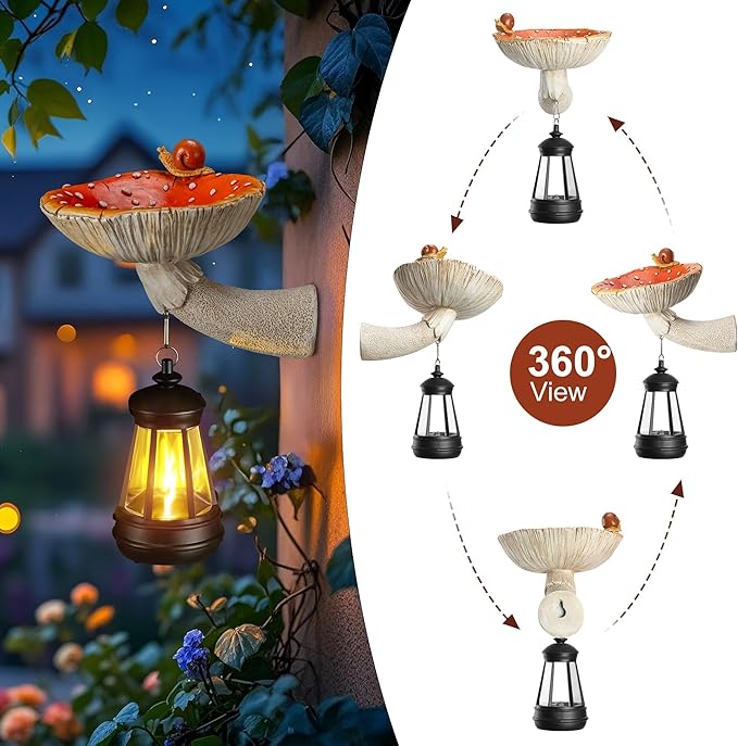 Etlemonde Solar Mushroom Garden Statue, Cute Hand-Painted Resin Decoration with Snail & Lantern, Waterproof Outdoor Ornament, Perfect Fairy Garden Decor & Unique Gift(Red)