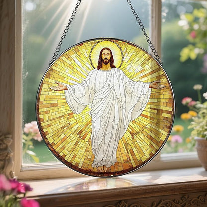 8'' Jesus Christ Stained Glass Suncatcher, Stained Glass Window Hanging, Religious Christmas Ornament, Christian Holiday Decor, Gift for Christmas, Religious Gifts, Christian Gifts