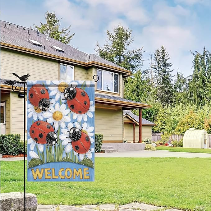 Spring Summer Garden Flag 12x18 Inch Ladybug Welcome Daisy Floral Design Outdoor Yard Porch Lawn Garden for Seasonal Farmhouse Country Home Decor