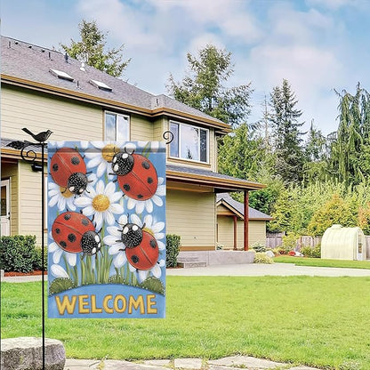 Spring Summer Garden Flag 12x18 Inch Ladybug Welcome Daisy Floral Design Outdoor Yard Porch Lawn Garden for Seasonal Farmhouse Country Home Decor