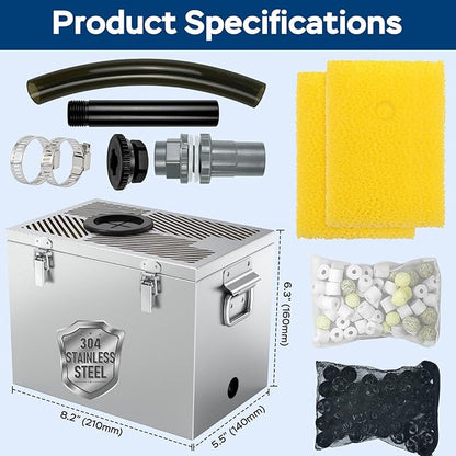 Stainless Steel Pond Filter Box with 3-Stage Filtration, Includes Filter Sponges, Ceramic Rings & Bio-Balls, Fish Pond Filter for Outdoor Ponds, Garden, Waterfall, Fountain & Water Feature