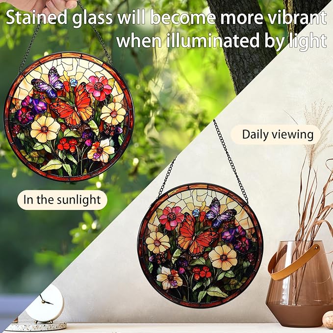 Stained Glass Window Hanging Butterfly 7.8 Inch Wildflowers Suncatcher Glass Panel Boho Window Decor with Chain Round Glass for Garden Wall Birthday Party Housewarming Gifts