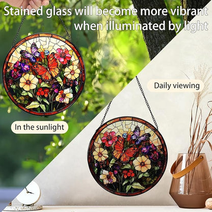 Stained Glass Window Hanging Butterfly 7.8 Inch Wildflowers Suncatcher Glass Panel Boho Window Decor with Chain Round Glass for Garden Wall Birthday Party Housewarming Gifts