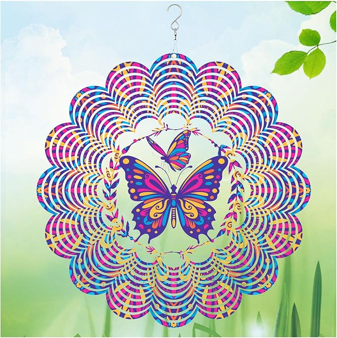 Wind Spinners Outdoor, Butterfly Metal 3D Hanging Garden Decor, 12-inch Stainless Steel Wind Spinner with Tail Spinner, Wind Sculptures for Patio Lawn Yard, Ornament Gift for Women/Men
