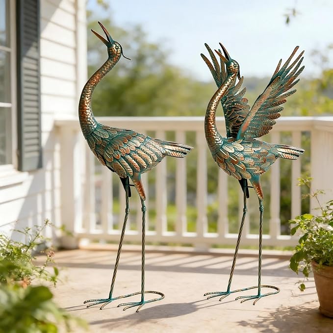 chisheen Crane Garden Statues Outdoor Metal Heron Yard Art Crane for Garden Sculptures Patio Lawn Ornaments,Set of 2