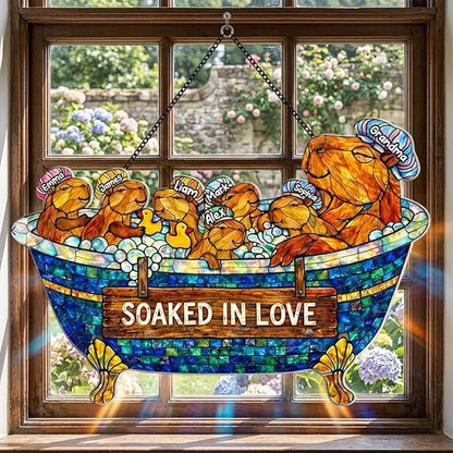 Personalized Grandma Otter Stained Glass Suncatcher, Custom Grandkids Names Window Hanging, Soaked in Love Bathtub Ornament, Hanging Ornament Home Decor, Gift for Mother’s Day