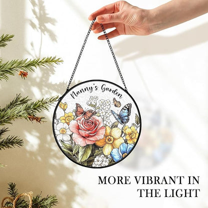 Nanny Mothers Day Christmas Birthday Gifts Suncatcher Stained Glass Window from Grandkids for Nanny Grandma, Grandma Gift Stained Glass Wall Decor, Nanny's Garden Catchers Indoor Window,7.9x7.9