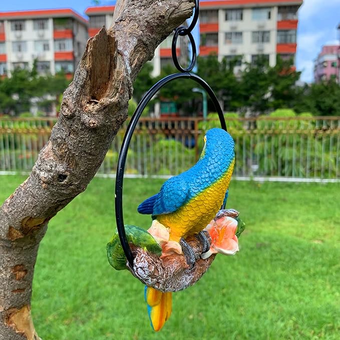 iRonrain Mini Garden Statues Hanging Iron Ring Parrots, Art Décor Gorgeous Swing Birds Figurine Sculpture Ornament for Pathways Yard Patio Office Indoor Outdoor Tree Decorations (Yellow/Blue)