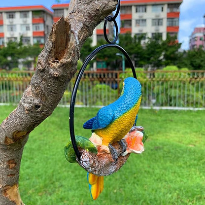 iRonrain Mini Garden Statues Hanging Iron Ring Parrots, Art Décor Gorgeous Swing Birds Figurine Sculpture Ornament for Pathways Yard Patio Office Indoor Outdoor Tree Decorations (Yellow/Blue)