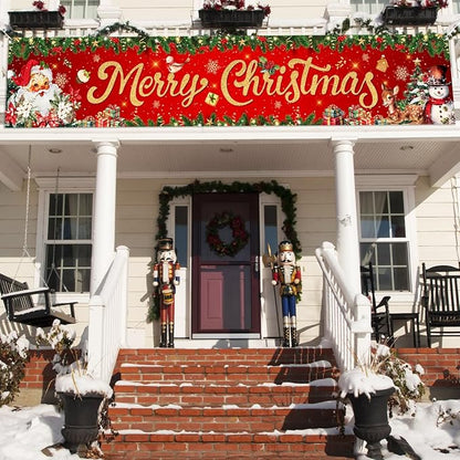 Christmas Yard Decorations Red Merry Christmas Banner Hanging Yard Sign Xmas Santa Claus Snowman Reindeer Home Wall Decor for Garden Outdoor Indoor Birthday Holiday Party Supplies 118 X 23 Inches