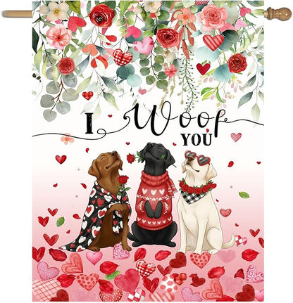 Dog Valentine House Flag 28 x 40 Double Sided Valentines Day Outdoor Decorations White Black Lab Garden Signs Chocolate Labrador Love Heart Yard Banner for Outside