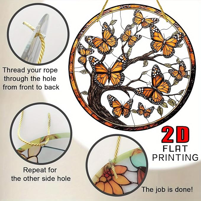 7.87Inch Butterfly Sun Catcher Acrylic Garden Cute Yellow Tree of Life Stained Suncatcher Decor Colorfu Glass for Wall Home, Garden, Housewarming Women Neighbor Decor Gifts for Mom