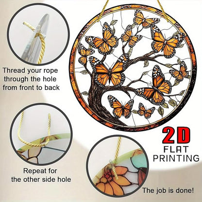 7.87Inch Butterfly Sun Catcher Acrylic Garden Cute Yellow Tree of Life Stained Suncatcher Decor Colorfu Glass for Wall Home, Garden, Housewarming Women Neighbor Decor Gifts for Mom