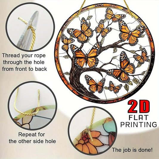 7.87Inch Butterfly Sun Catcher Acrylic Garden Cute Yellow Tree of Life Stained Suncatcher Decor Colorfu Glass for Wall Home, Garden, Housewarming Women Neighbor Decor Gifts for Mom