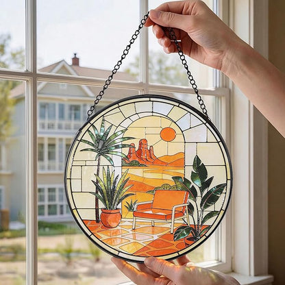 Hanging Stained Glass for Windows,20cm/7.87inch Desert Sunset Stained Glass Suncatcher with Chain Garden Diamond Glass Panel Hangings Decoration for Home Decor Gifts for Family Friends Colleagues