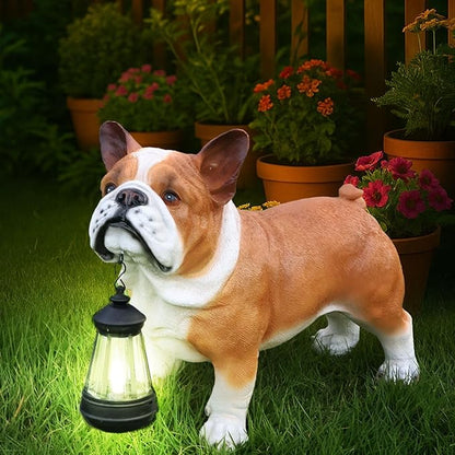 Outdoor French Bulldog Dog Statue with Interchangeable Welcome Sign and Detachable Solar Lantern –LED Light Garden Dog Sculpture Décor, Cute Puppy Design for Yard, Porch, Gift
