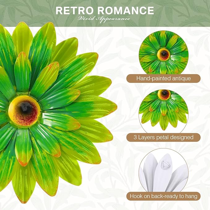 Photect 6 Pcs Metal Flowers Wall Decor Hanging Outdoor Metal Daisy Wall Art Decorations Multiple Layer 3D Daisy Flowers for Garden Farmhouse, 8 Inch(Classic Color)