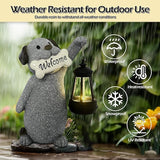 Dog Garden Statue with Solar Lantern, Cute Dog Figurine Light Decor with Welcome Sign for Outdoor Patio Balcony Yard Art, Warming Unique Resin Statue for Mom Grandma Women