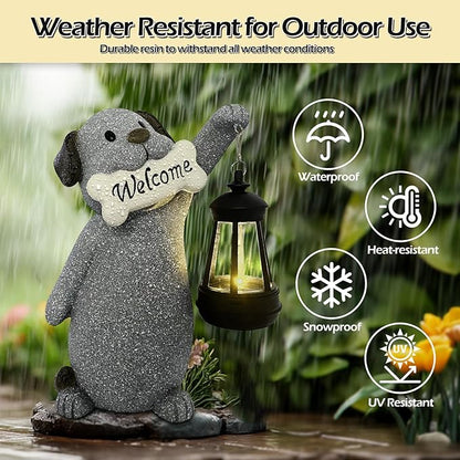 Dog Garden Statue with Solar Lantern, Cute Dog Figurine Light Decor with Welcome Sign for Outdoor Patio Balcony Yard Art, Warming Unique Resin Statue for Mom Grandma Women