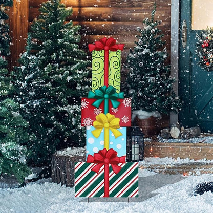WONDER GARDEN 4PCS Box Sign, Metal Box Yard Stakes, Stacked or Detachable Garden Stakes Yard Signs, Outdoor Christmas Decorations for Lawn Party Outside