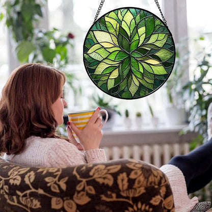 Stained Glass Window Hanging - Green Gradient Flowers Suncatcher for Doors Window Home Plant Sun Catchers Decor Christmas Mother's Day Birthday Gifts for Teacher Women Men Mom Nana 7.8 in