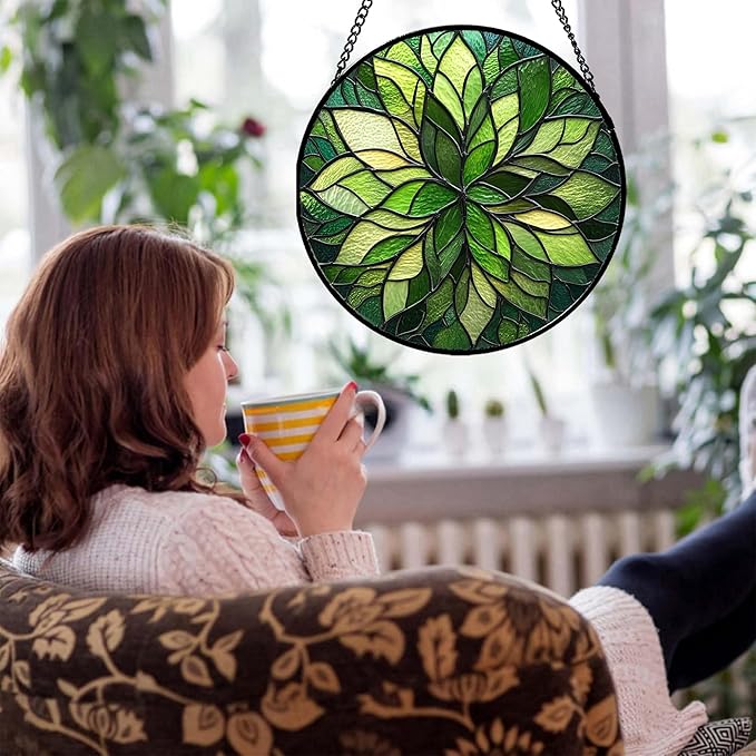 Stained Glass Window Hanging - Green Gradient Flowers Suncatcher for Doors Window Home Plant Sun Catchers Decor Christmas Mother's Day Birthday Gifts for Teacher Women Men Mom Nana 9.8 in