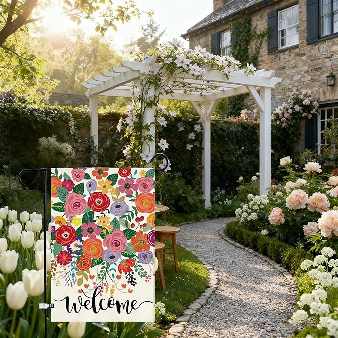 Baccessor Spring Summer Welcome Garden Flag Double Sided 12.5 x 18 Inch Burlap with Clip and Stopper,Floral Flowers Flag Seasonal Farmhouse Front Yard Lawn Outside Outdoor Decoration