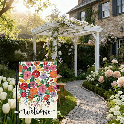 Baccessor Spring Summer Welcome Garden Flag Double Sided 12.5 x 18 Inch Burlap with Clip and Stopper,Floral Flowers Flag Seasonal Farmhouse Front Yard Lawn Outside Outdoor Decoration