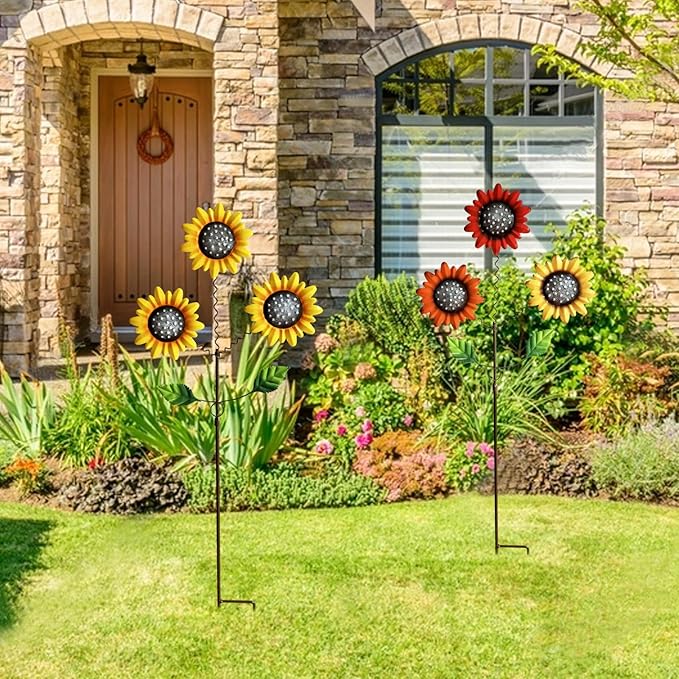 2 Pack Metal Sunflowers Decorative Garden Stakes, 29.5 Inch Outdoor Garden Decor Shaking Head Yard Stakes, Metal Flowers Outdoor Courtyard Art Lawn Terrace Decoration