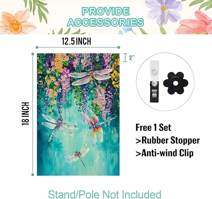 Baccessor Spring Summer Floral Garden Flag Double Sided 12.5 x 18 Inch Burlap with Clip and Stopper,Wisteria Dragonfly Welcome Flag Front Yard Lawn Seasonal Farmhouse Outside Outdoor Decoration