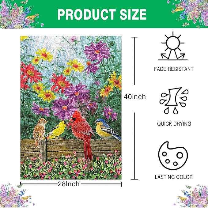 Cardinal Spring Summer House Flag Birds Floral Garden Flags 28x40 Double Sided, Large Burlap Yard Flags for Outside Seasonal Decoration