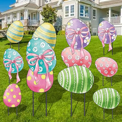 AnyDesign Easter Garden Stakes Welcome Metal Yard Sign Easter Decorations Outdoor Stacked Egg with Bow Decorative Lawn Sign for Spring Farmhouse Home Outside Lawn Porch Walkway Decor, 2 Sets