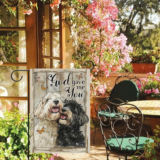 Dyrenson Vintage Labradoodle Dog Christian Decorative Garden Flag, Retro Religious God Gave Me You Yard Outside Home Decoration, Farmhouse Outdoor Small Decor Double Sided Pet Owner Lover Gift 12 x 18