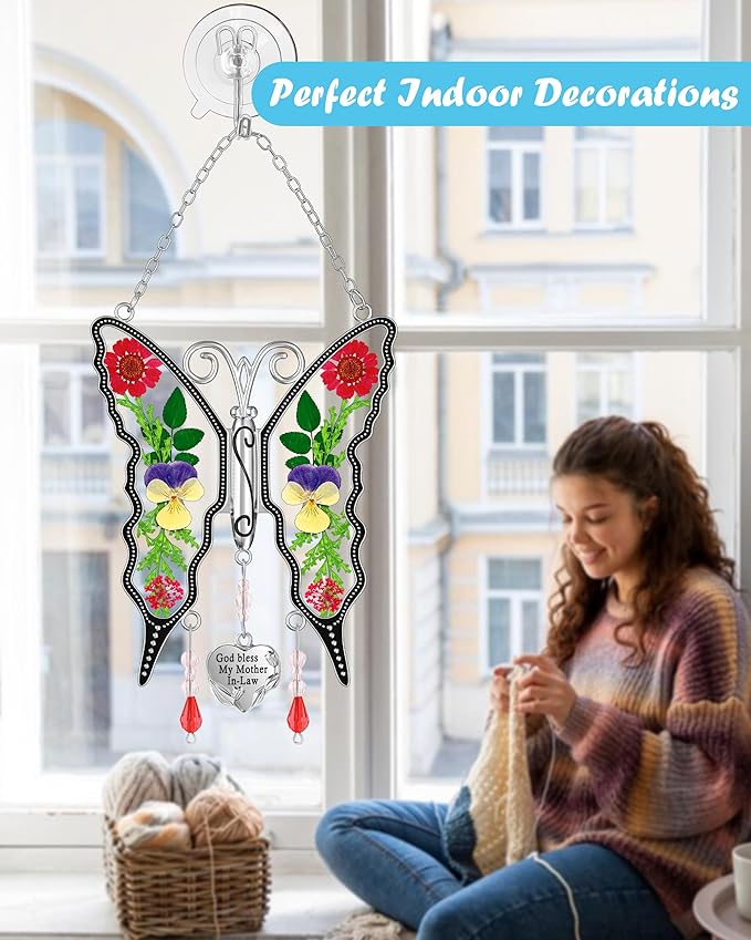 KY&BOSAM Gifts for Mom Butterfly Suncatcher God Bless My Mother-in-Law Stained Glass Sun Catchers for Windows Hangings Wind Chime Ornament for Women Valentine`s Birthday Decor