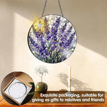 VAIIEYO Lavender Sun Catcher Stained Glass Window Hanging Ornament, Handmade Sun Catcher Flower Decoration with Hooks for Window Garden Home, Mother's Day & Birthday Housewarming Gift (7.8 inch)