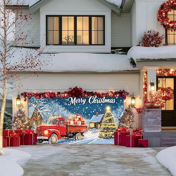 IVN Christmas Garage Door Banner 6x13 ft Red Vintage Truck with Gifts Backdrop Garage Door Covers Decorative Holiday Garage Door Cover Mural Snowy Christmas Tree Scene