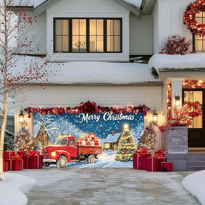 IVN Christmas Garage Door Banner 6x13 ft Red Vintage Truck with Gifts Backdrop Garage Door Covers Decorative Holiday Garage Door Cover Mural Snowy Christmas Tree Scene