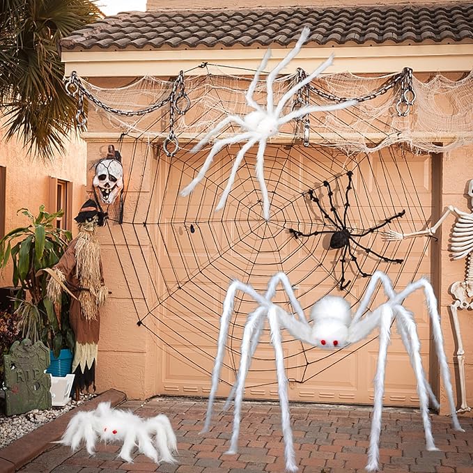 FOIMAS 3pcs Halloween Realistic Hairy Spider,Large White Scary Spiders Prop for Lawn Yard Wall Indoor Outdoor Halloween Party Decoration,59",35",12"