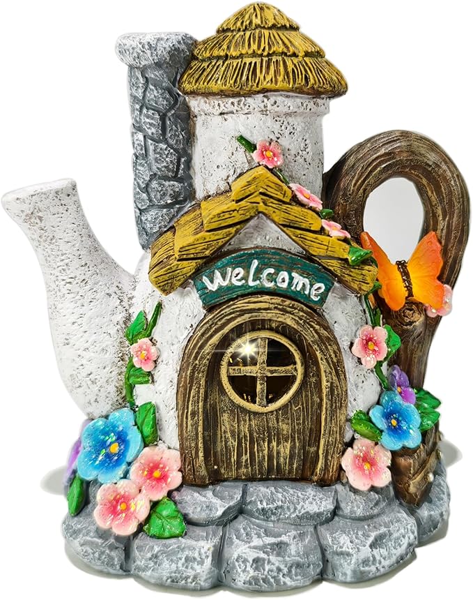 Suyorpe Fairy Garden Houses Solar Decor - Garden Statues Teapot House for Patio, Yard, Balcony Decoration, Outdoor Decor Yard Gifts for Mom Women
