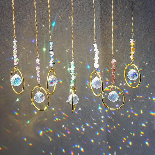 HDCRYSTALGIFTS 7PCS Crystal Suncatchers Rainbow Maker Healing Crystals for Window Prism Balls Indoor Outdoor Hanging Ornament Pendant Decor for Home, Garden, Wedding, Christmas Tree (12inch)