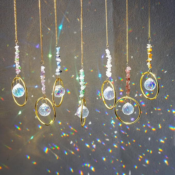 HDCRYSTALGIFTS 7PCS Crystal Suncatchers Rainbow Maker Healing Crystals for Window Prism Balls Indoor Outdoor Hanging Ornament Pendant Decor for Home, Garden, Wedding, Christmas Tree (12inch)