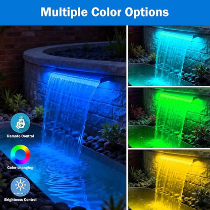 AquaMiracle Pond Waterfall Kit with Lights | 8" Stainless Steel Waterfall Spillway & 550GPH Water Pump | 4-Stage Filtration | Remote Control LED | for Pond, Pool, Backyard | for 200-500 Gal Water