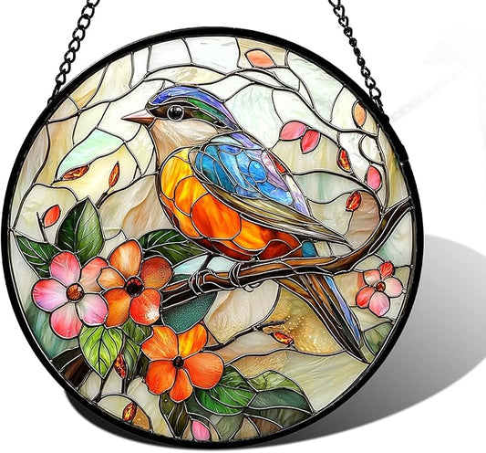DASTOLL Stained Glass Window Hanging, Blue Bird Pink Flower Suncatcher Diamond Glass Panel Bird Sun Catchers Decor for Birthday for Women, Men, Wife, Aunt, and Mom 9.8 in