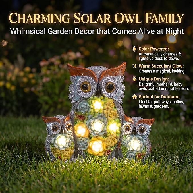 Candieslife Solar Garden Statue Owl Decor – Cute Owl Family Figurines with LED Succulent Lights, Waterproof Outdoor Yard Art Ornaments for Patio, Lawn, Porch, Housewarming Gifts for Women Mom